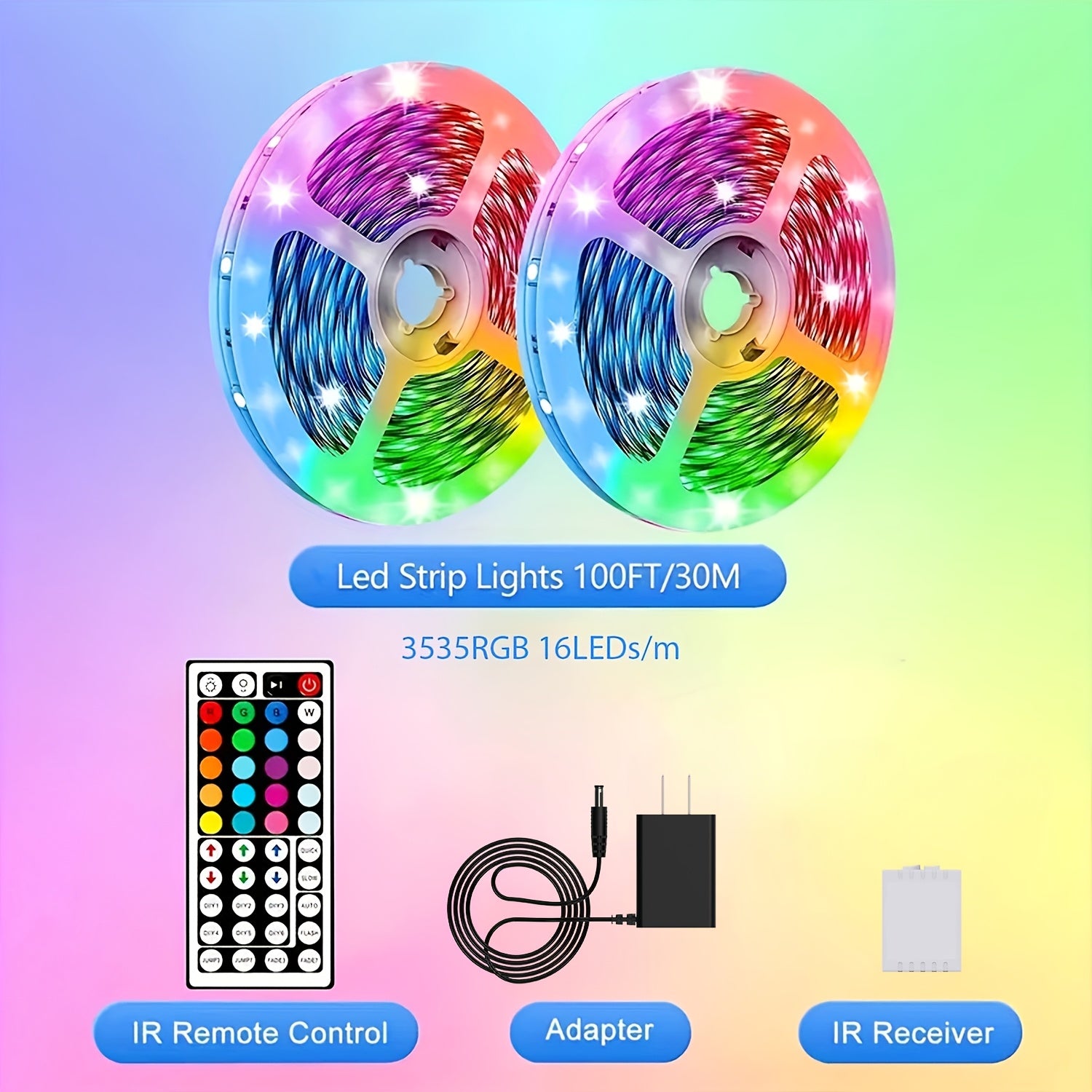 100ft LED Strip Lights Color Changing RGB with 44-Key Remote & Power Supply – 30M Flexible Indoor LED Light Strip for Bedroom Living Room Festival Wedding Carnival Party Decoration Ambiance