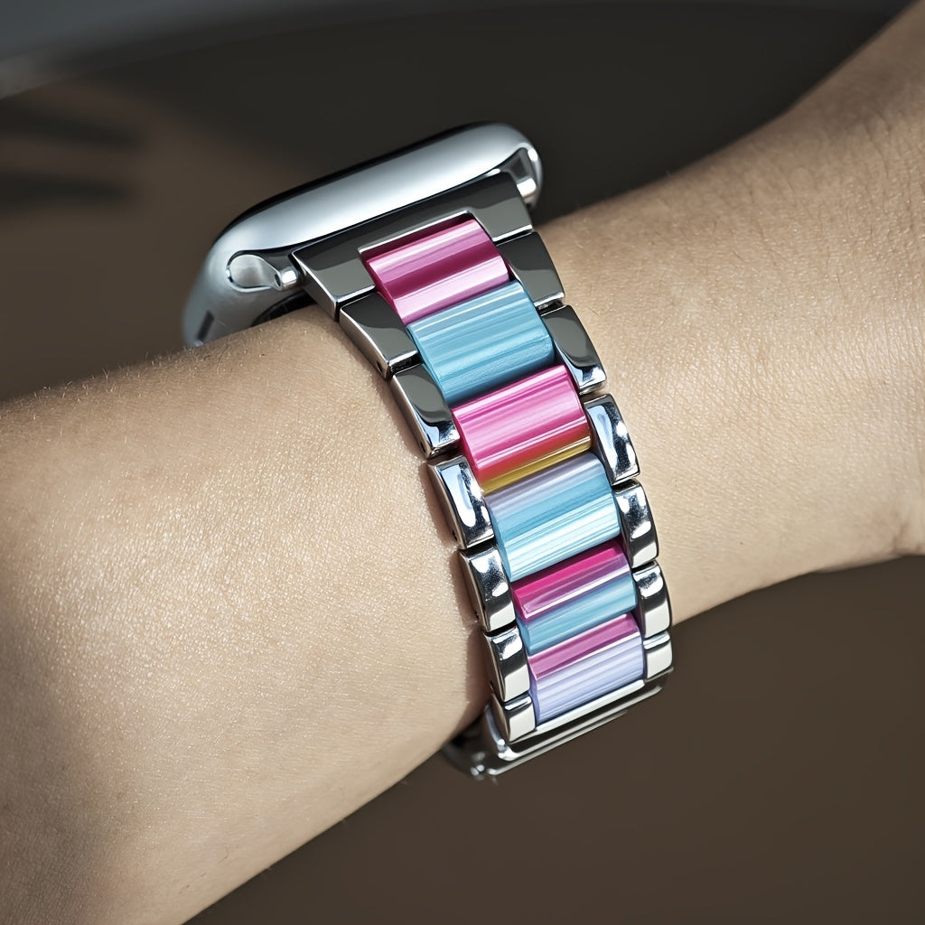 Apple Watch Band 42 44 45 46 49mm Women Stainless Steel Resin Metal Replacement Strap Starlight Rainbow for iWatch Series 11 10 9 8 7 6 5 4 3 SE Ultra Work Office Fitness Party