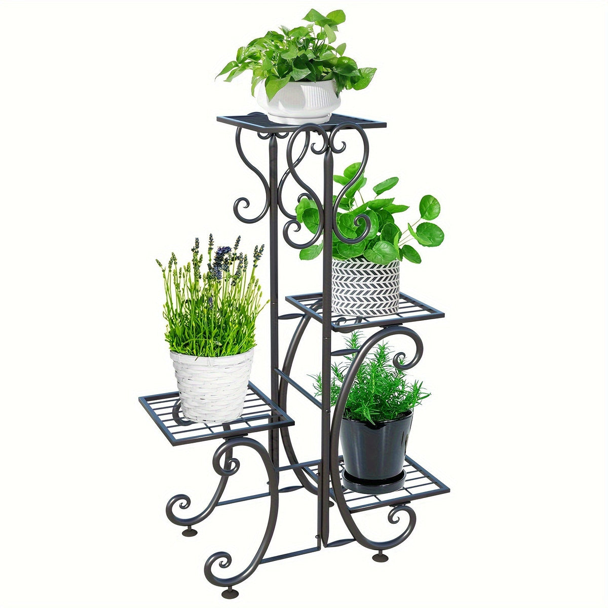 4 Tier Metal Plant Stand Indoor Outdoor Wrought Iron Corner Flower Pot Holder Display Rack Patio Balcony Garden Office Planter Shelf Black HYP-50 6 Tier
