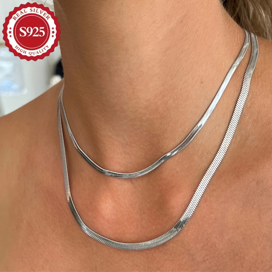 S925 Sterling Silver Flat Snake Bone Chain Necklace Unisex – Handmade Hypoallergenic Artistic Stackable Layering Necklace 18 20 22 Inch Pendant Chain Gift for Him Her Birthday Anniversary