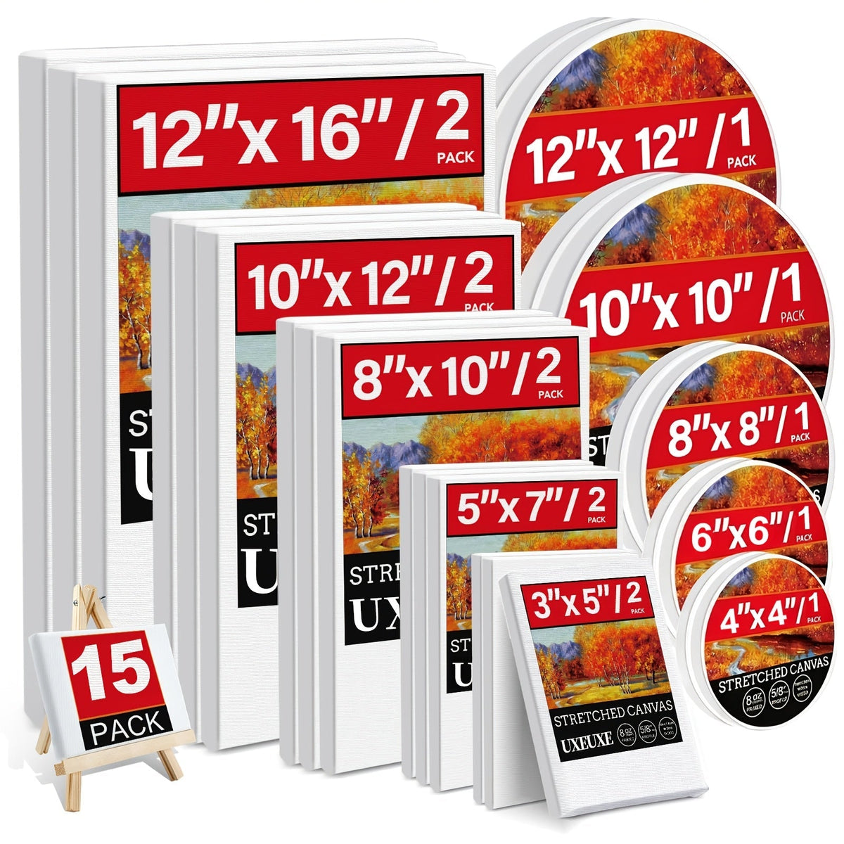 Stretched Canvas Multi-Pack 100% Cotton Primed White – Round Square Rectangular Sets 10 15 20 Pieces for Acrylic Oil Watercolor Painting Pouring Mixed Media Artist Boards Bulk Value Pack