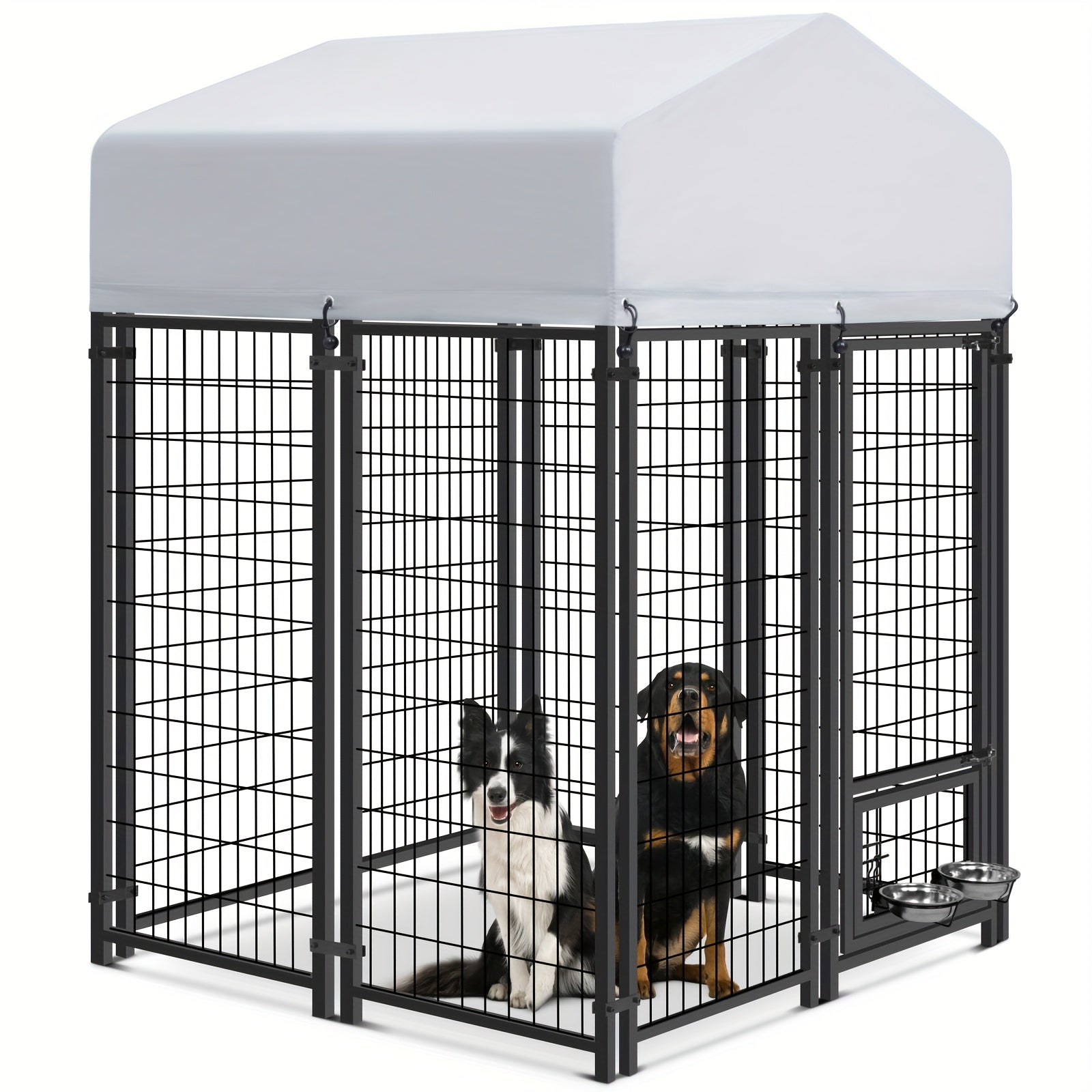 Large Dog Enclosure Outdoor Heavy Duty Welded Wire Steel Dog Playpen with UV-Resistant Roof Cover Secure Lock Pet Pen for Big Dogs Exercise Play Area Backyard Patio 3 Sizes