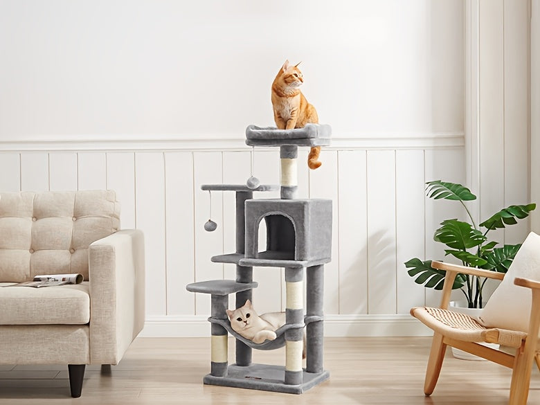 Cat Tree Tower 44 or 66 Inch Multi-Level Hammock Cozy Cave 4 Sisal Posts 2 Perches Anti-Tilt 10-Min Assembly Indoor Cats Kittens Multi-Cat Dark Gray Light Gray White Beige