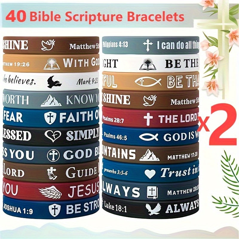 40-Pack Inspirational Bible Verse Silicone Bracelets Cute Colorful Christian Wristbands for Men Women Kids Church VBS Party Favors