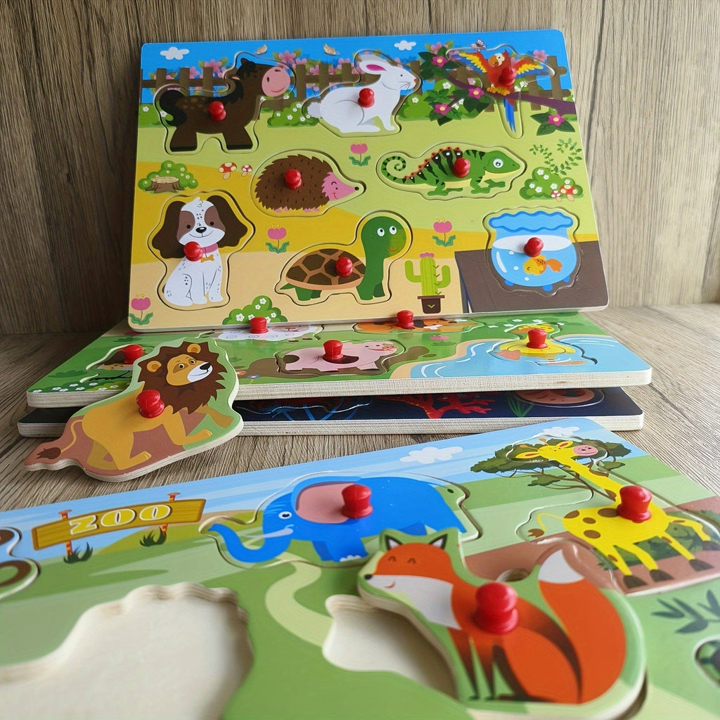 Wooden Peg Puzzle Set of 4 Toddlers 32 Pieces Chunky Knob Puzzles Farm Zoo Animal Themes Montessori Learning Toy for Ages 1 2 3 Fine Motor Skills Birthday Christmas Easter Gift Boys Girls
