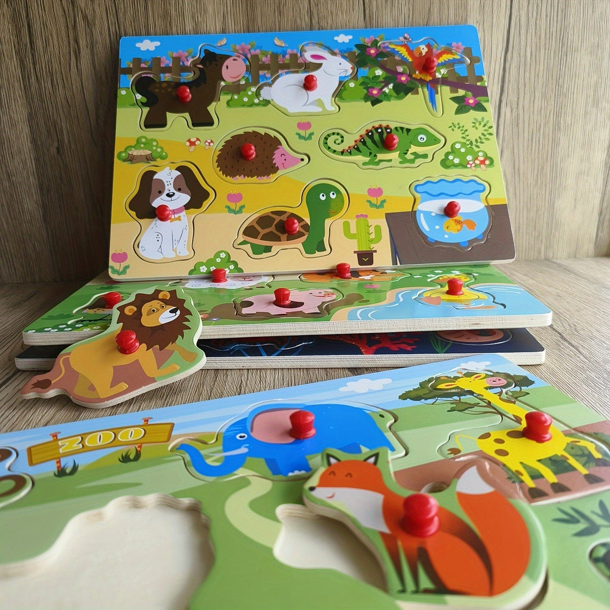 Wooden Peg Puzzle Set of 4 Toddlers 32 Pieces Chunky Knob Puzzles Farm Zoo Animal Themes Montessori Learning Toy for Ages 1 2 3 Fine Motor Skills Birthday Christmas Easter Gift Boys Girls