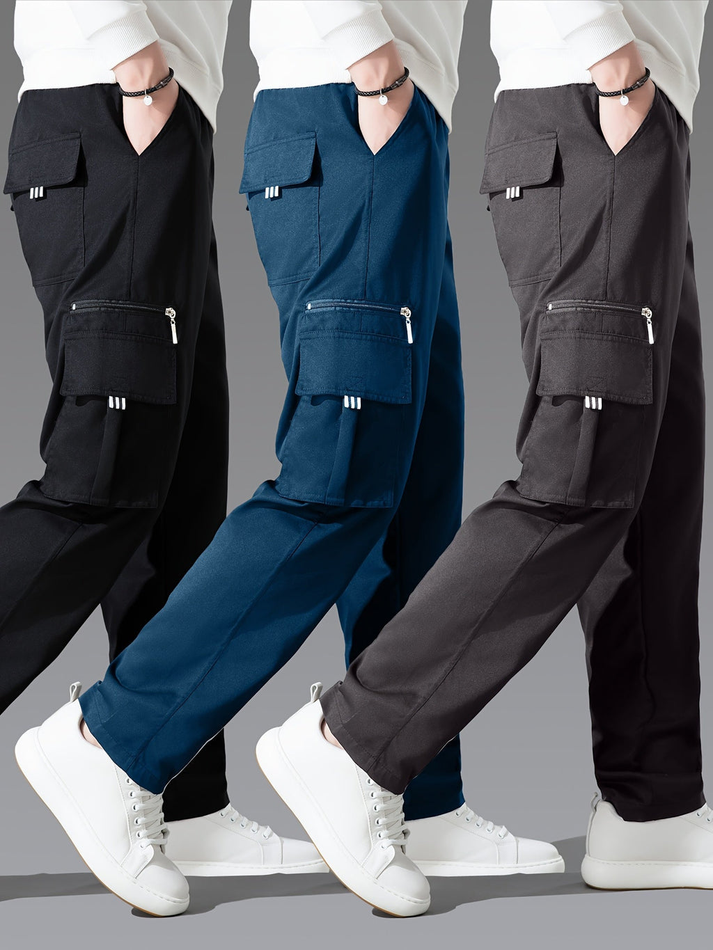 Men's Cargo Pants 3-Pack Multi-Pocket Regular Fit – Solid Color Polyester Woven Hiking Outdoor Pants for Spring & Fall, Sizes S-XXXL, 9 Color Combos