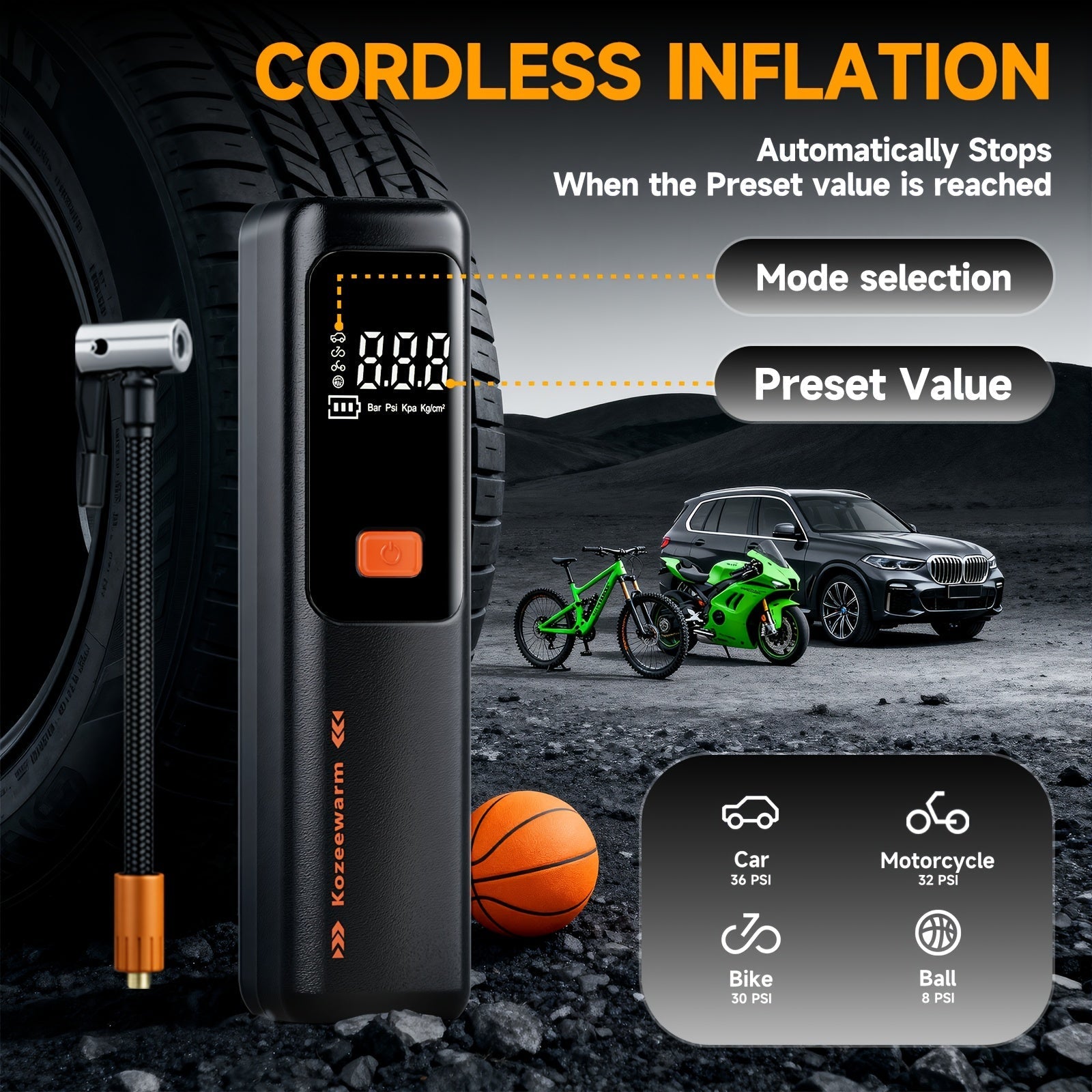Cordless Tire Inflator Portable Air Compressor Digital Pressure Gauge USB Rechargeable 3X Fast Inflation for Car SUV Truck Bike Motorcycle Ball Sports Equipment Auto Air Pump 18650 Battery 5 Colors