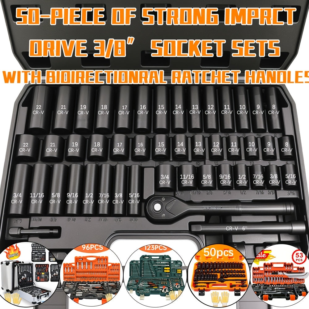 Impact Socket Set 3/8 Drive CR-V Steel Ratchet Kit – 50 to 999 Piece SAE & Metric Sockets with Ratchet Handle & Adapter for Auto Repair, DIY & Professional Mechanics