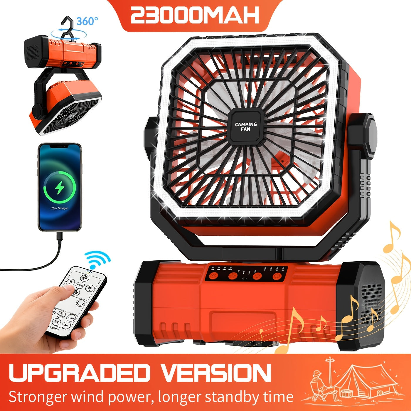 20000mAh Portable Camping Fan with Remote Control, LED Lights & 4 Speeds – Rechargeable Battery Operated Oscillating Tent Fan with 360° Rotation & Power Bank for Outdoor Camping, RV, Travel & Home Backup
