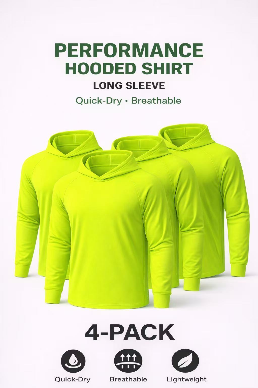 Men's Hi Vis Hooded Work Shirts 4-Pack UPF 50+ Long Sleeve Quick Dry Moisture Wicking Safety Shirts for Construction Outdoor with Neck Gaiter S-XXXL