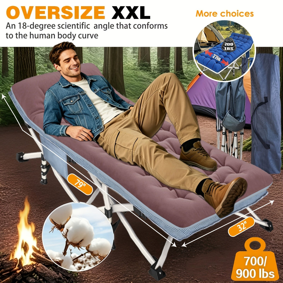 Camping Cot with Mattress XXL 32 Inch Wide 1200D Oxford Heavy-Duty Folding – Extra Wide Portable Outdoor Sleeping Cot with Carry Bag for Adults, Camping Hiking Travel & Guest Use