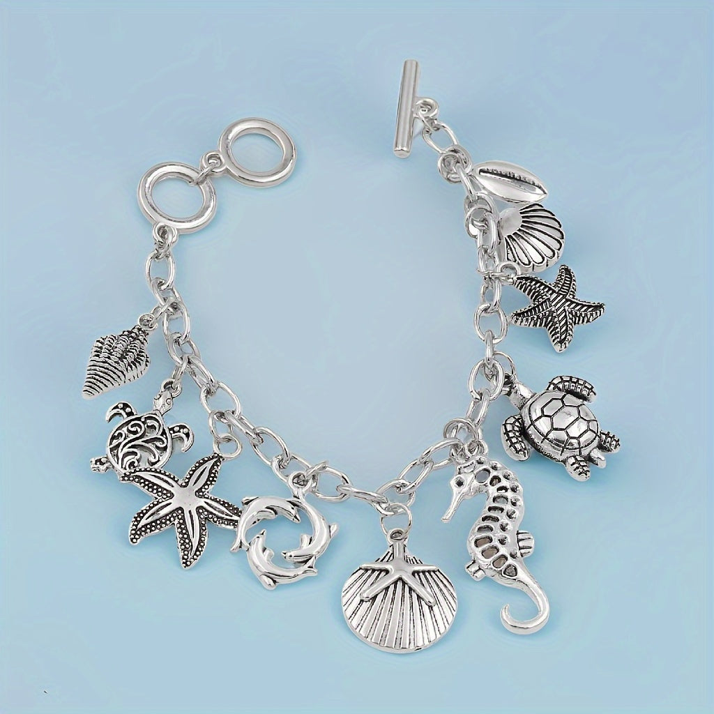 S925 Sterling Silver Ocean Charm Bracelet Women – Seahorse Turtle Dolphin Starfish Conch Scallop Pendant Chain Marine Animal Jewelry Friendship Gift Summer Vacation