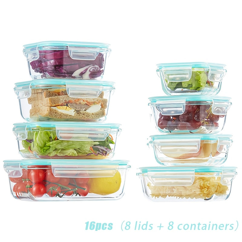 Borosilicate Glass Food Storage Containers 16-Piece Set 8 Sizes – Leak-Proof Lids, Oven Safe to 752°F, Microwave Dishwasher Freezer Safe, Stackable Meal Prep Containers for Leftovers & Lunch
