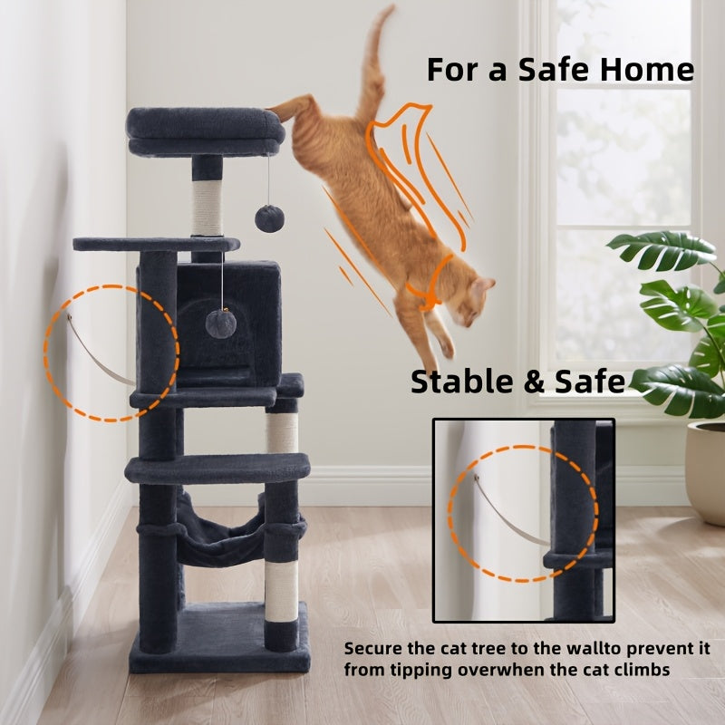 Cat Tree Tower 44 or 66 Inch Multi-Level Hammock Cozy Cave 4 Sisal Posts 2 Perches Anti-Tilt 10-Min Assembly Indoor Cats Kittens Multi-Cat Dark Gray Light Gray White Beige