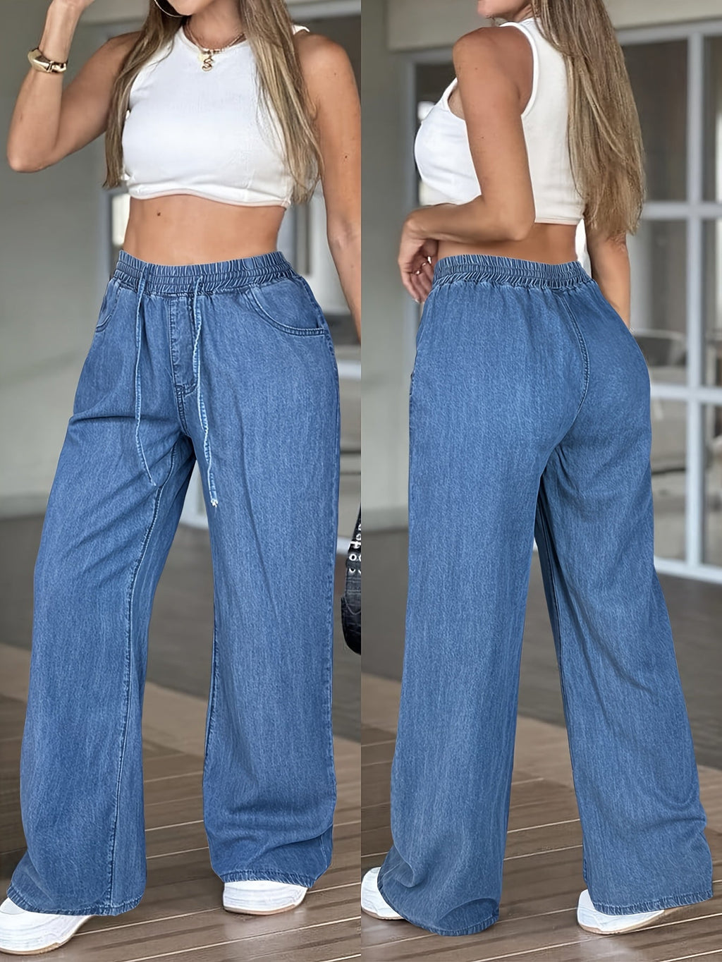 High-Waisted Wide Leg Jeans Women Loose Fit Drawstring Elastic Waist Solid Light Blue Lightweight All-Season Casual Denim XS-XL