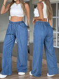 High-Waisted Wide Leg Jeans Women Loose Fit Drawstring Elastic Waist Solid Light Blue Lightweight All-Season Casual Denim XS-XL