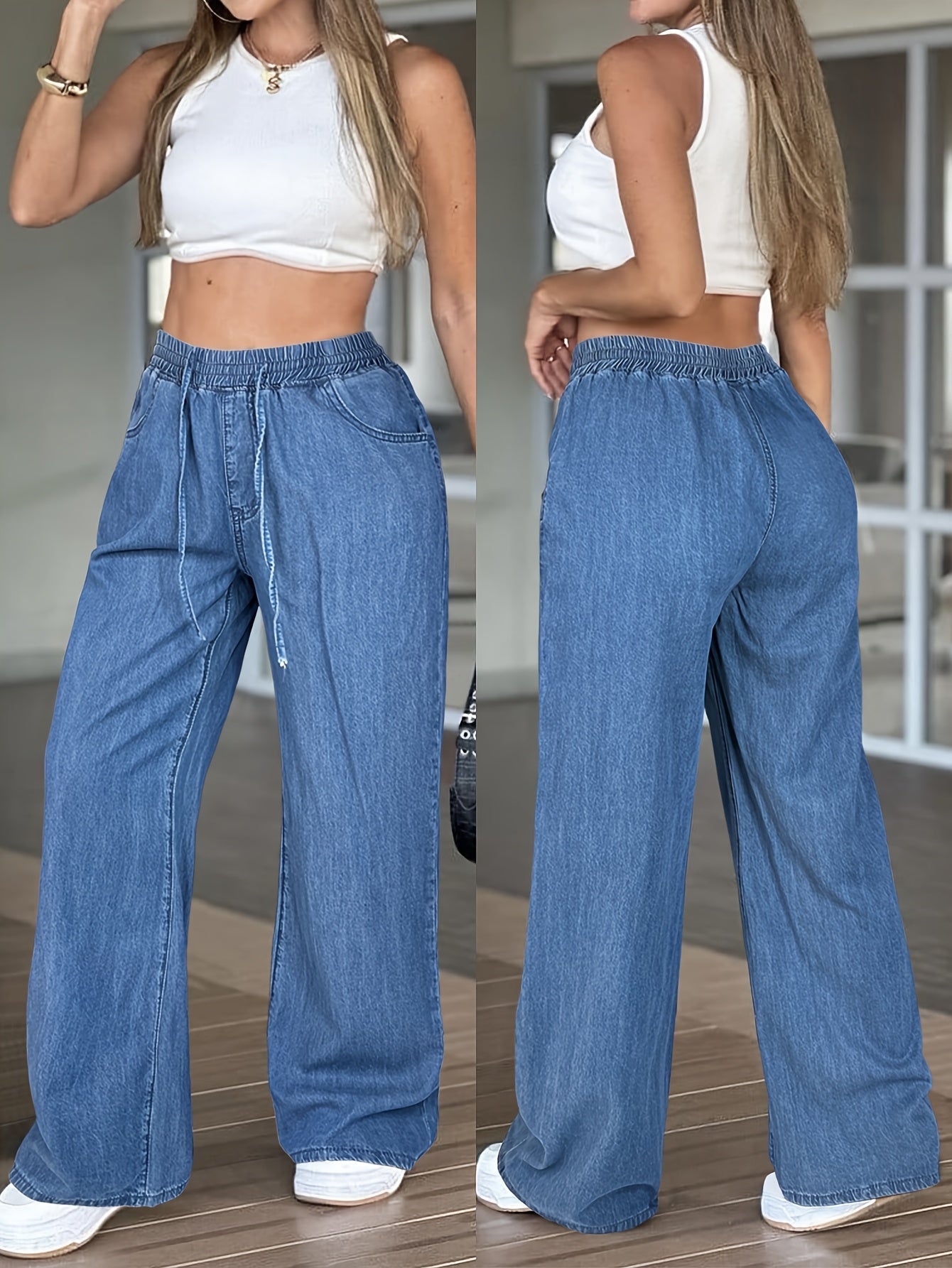 High-Waisted Wide Leg Jeans Women Loose Fit Drawstring Elastic Waist Solid Light Blue Lightweight All-Season Casual Denim XS-XL