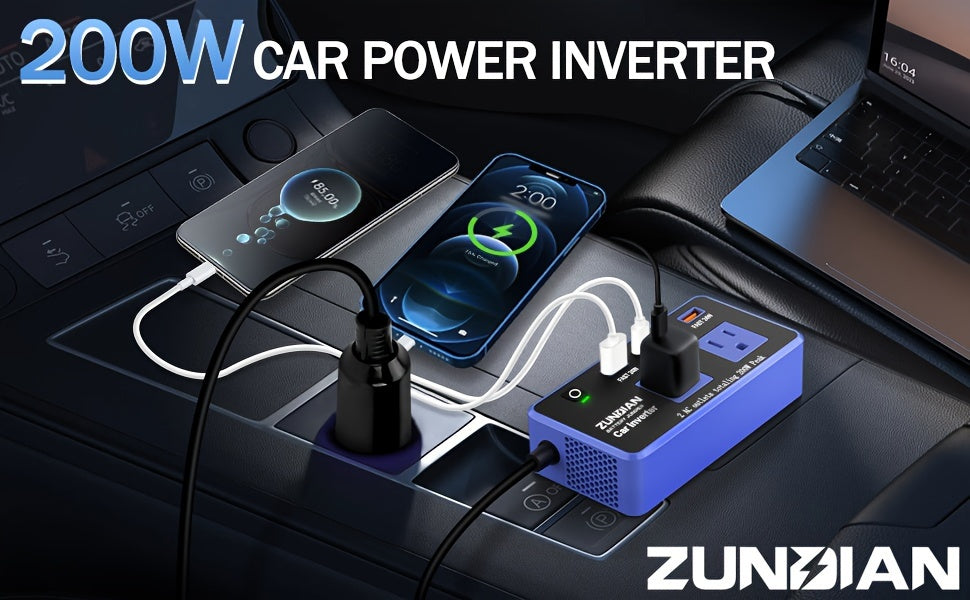 200W Car Power Inverter DC 12V to AC 110V with 24W USB-C Fast Charge & Dual USB-A 4.8A Ports Vehicle Outlet Adapter for Laptop Camping Travel Road Trip Power Converter
