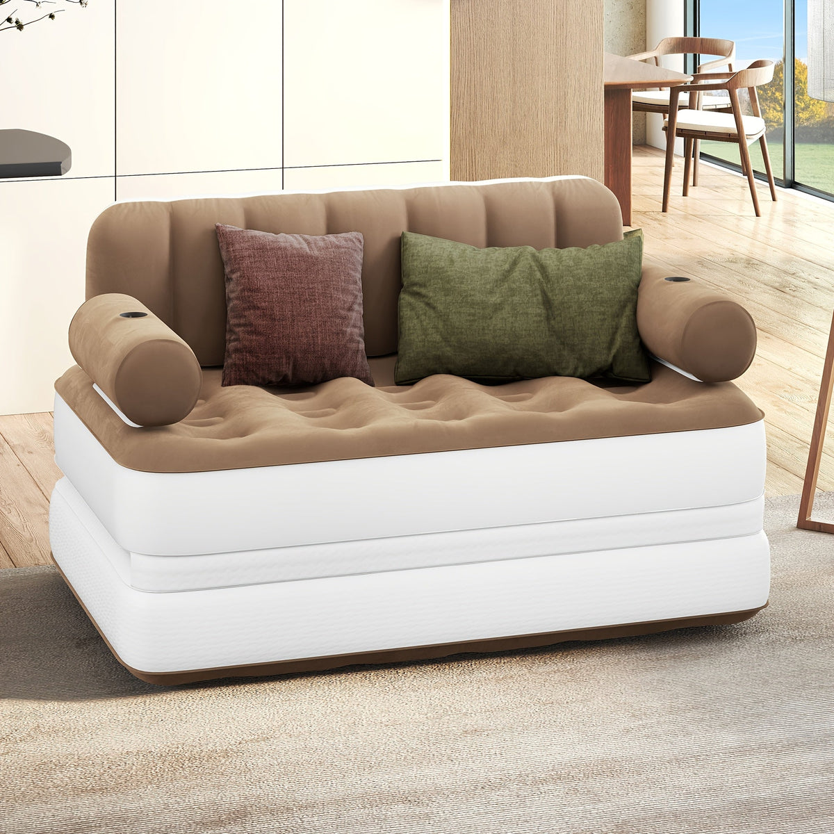 Inflatable Air Sofa Bed 2-in-1 Queen Size – Portable Blow Up Couch & Airbed with Headboard, Cup Holders, External Pump & Storage Bag, 440 lb Capacity for Home, Camping, Guests & Dorms