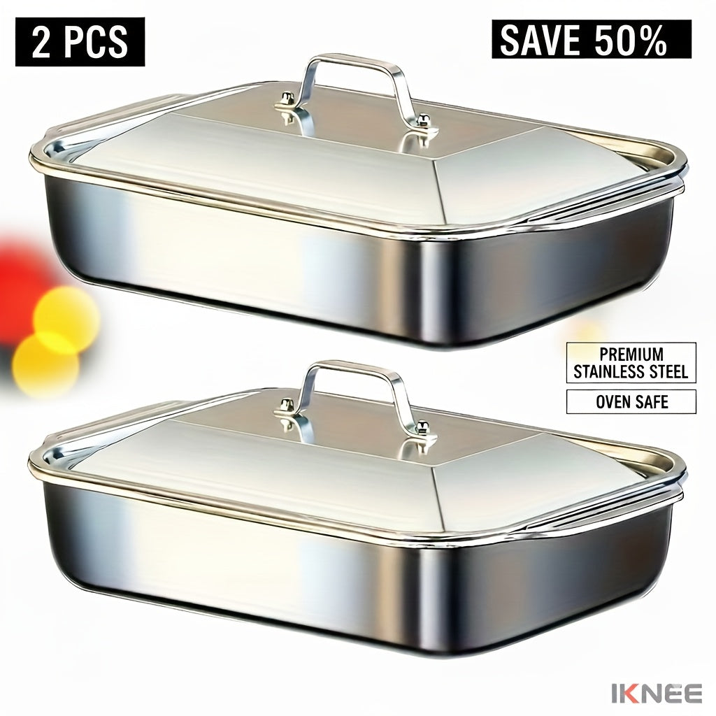 Stainless Steel Baking Pan Set 4-Piece Deep Roasting Pans with Lids Handles 6-Liter 16-Inch Rectangular Baking Dish for Turkey Lasagna Fish Chicken Dishwasher Safe Oven Safe