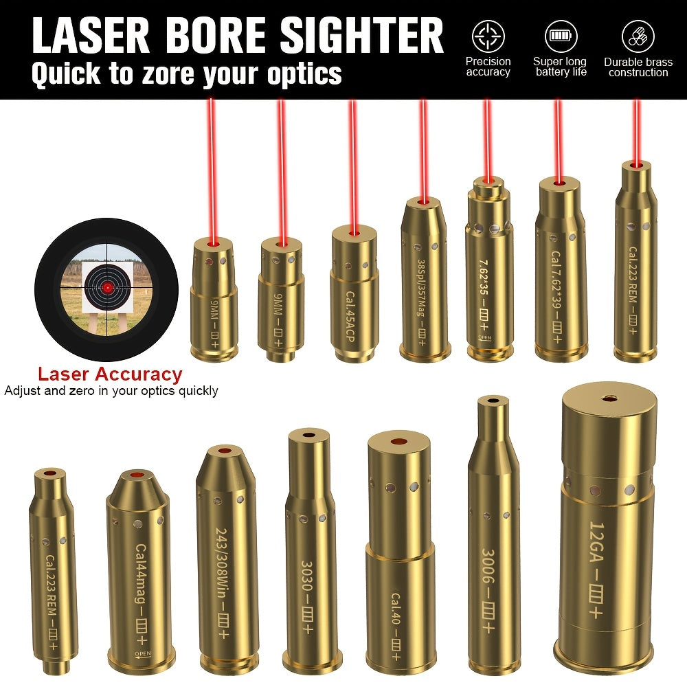 Laser Bore Sight Multi-Caliber Kit for 9mm, 45ACP, 223REM, 308WIN, 380ACP, 38SPL & 12GA – High-Precision Red Laser Boresighter for Rifles, Pistols & Shotguns, Easy Install, 2 Battery Sets Included