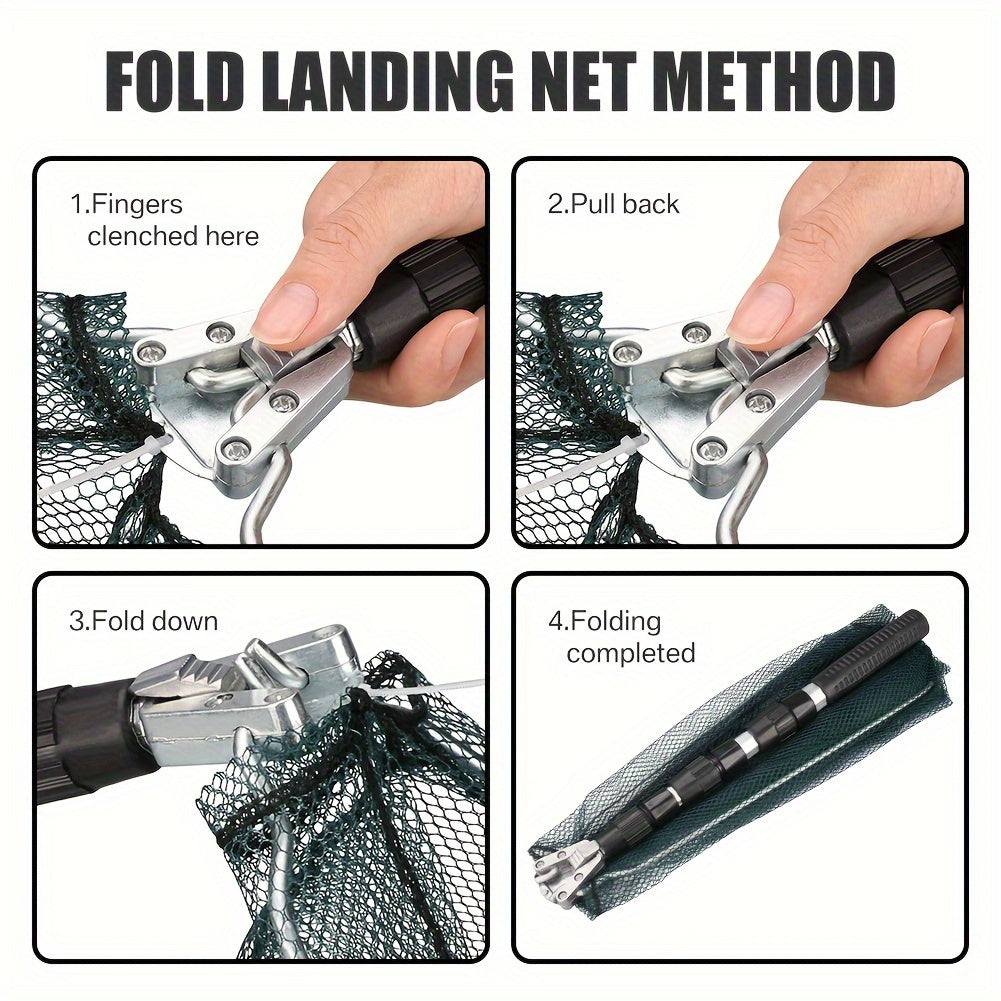 Foldable Fishing Landing Net with Telescoping Aluminum Alloy Pole – 3 Sizes 86CM 110CM 130CM, Collapsible Metal Net for Fish Crab Crayfish Shrimp, Portable Fishing Gear