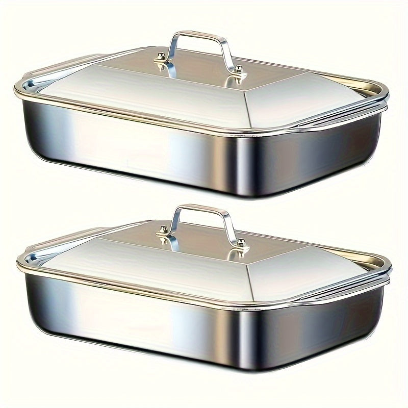 Stainless Steel Baking Pan Set 4-Piece Deep Roasting Pans with Lids Handles 6-Liter 16-Inch Rectangular Baking Dish for Turkey Lasagna Fish Chicken Dishwasher Safe Oven Safe