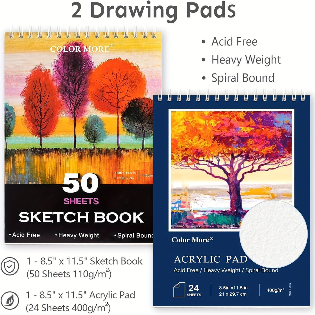 175-Piece Deluxe Art Set in Wooden Case – Professional Art Kit with 2 Drawing Pads, Crayons, Acrylic Paints & Colored Pencils, All-in-One Paint Supplies Gift for Kids & Adults, Cherry Pink Purple Blue Wood Brown