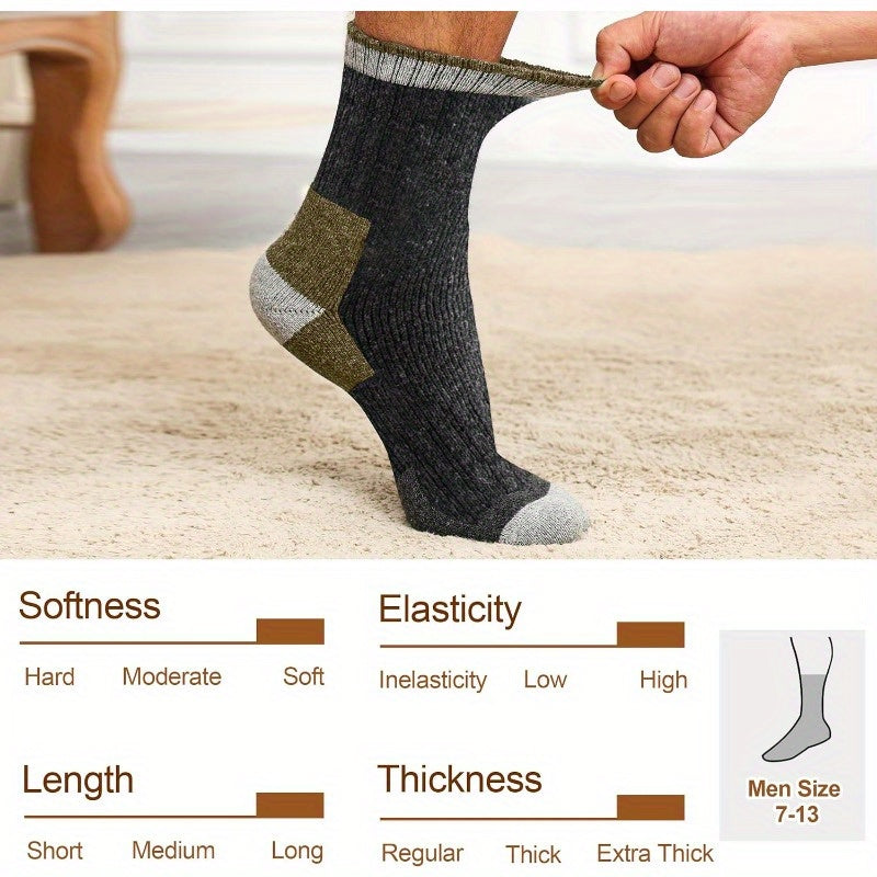 Men's Wool Socks 5 Pairs Extra Thick Thermal Winter Crew Socks – 300g/m² Heavyweight, Striped Pattern, Machine Washable, Size 7-13, Warm Fall & Winter Socks for Men