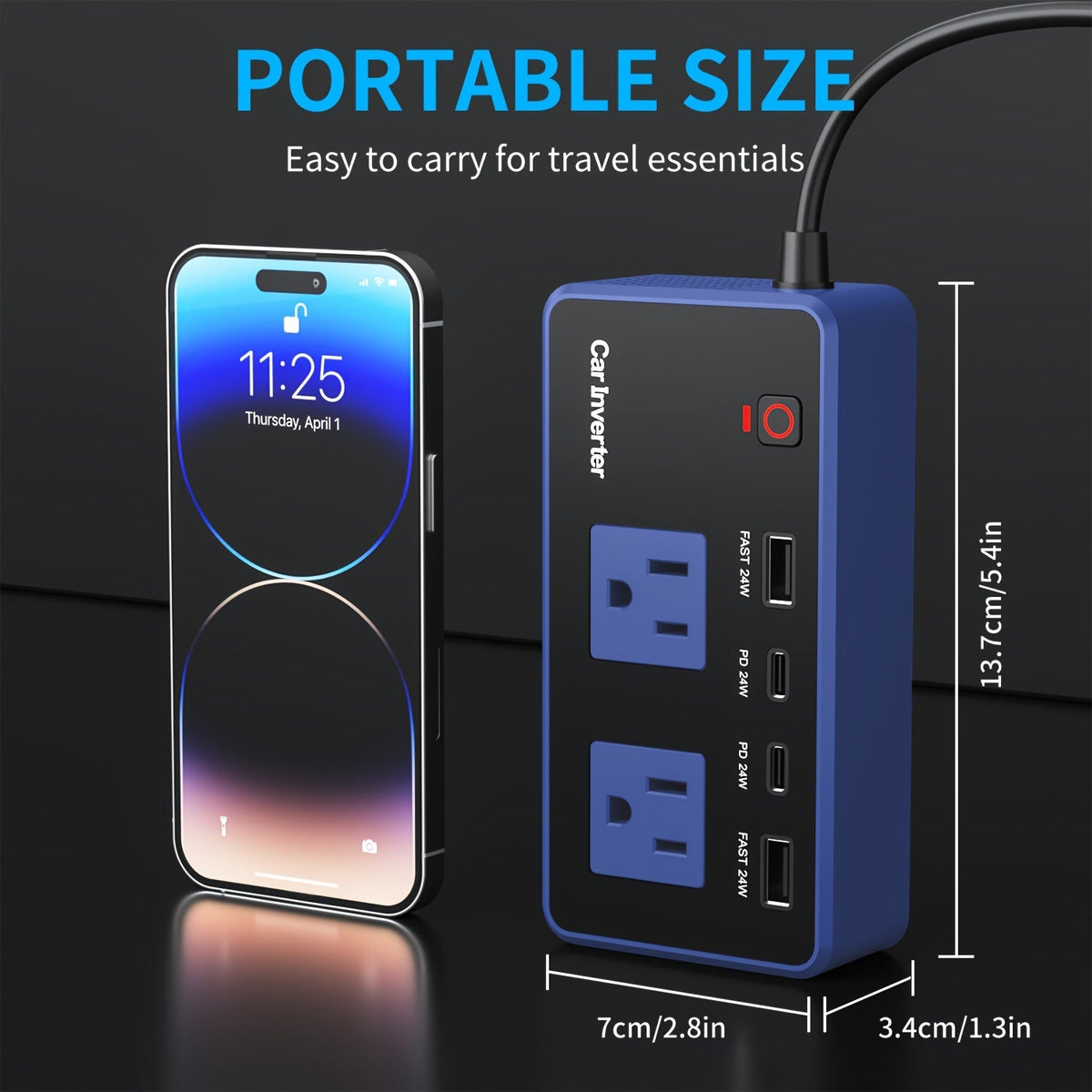 200W Car Power Inverter DC 12V to AC 110V with USB-C PD 24W QC3.0 Fast Charge Dual USB-A 4-Port Vehicle Outlet Adapter for Laptop Phone MacBook iPad Camping Road Trip Travel