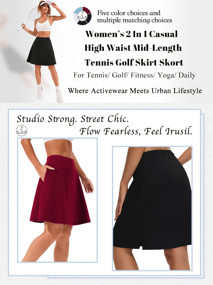 Women's 20-Inch Knee Length Skorts with 5 Pockets – High Waist Built-In Shorts Athletic Skirt for Tennis Golf Pickleball Hiking Casual Wear, Sizes S-XXL, 5 Colors Black White Navy Sky Blue Deep Red
