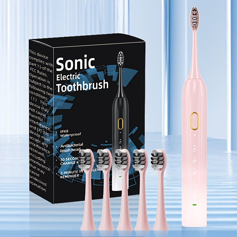 Sonic Electric Toothbrush IPX8 Waterproof USB Rechargeable 5 Replacement Brush Heads Smart 2-Minute Timer Metal Shaft Adults Men Women Couple Oral Care Black Pink Green