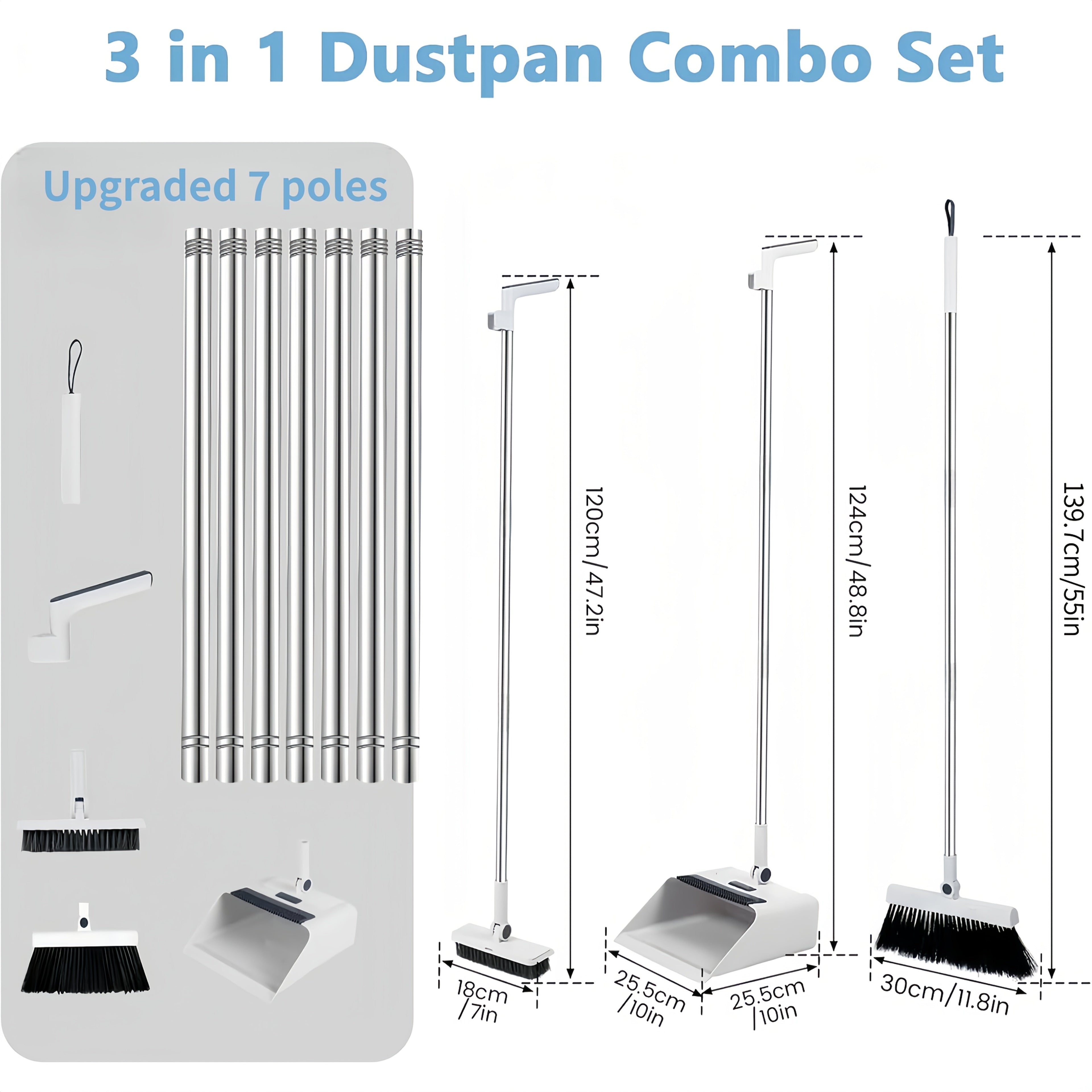 2-in-1 Broom and Dustpan Set Long Handle Foldable Non-Stick Hair Cleaning Hard Floor Sweeper Rotatable Combo for Home Living Room Bedroom Bathroom Outdoor