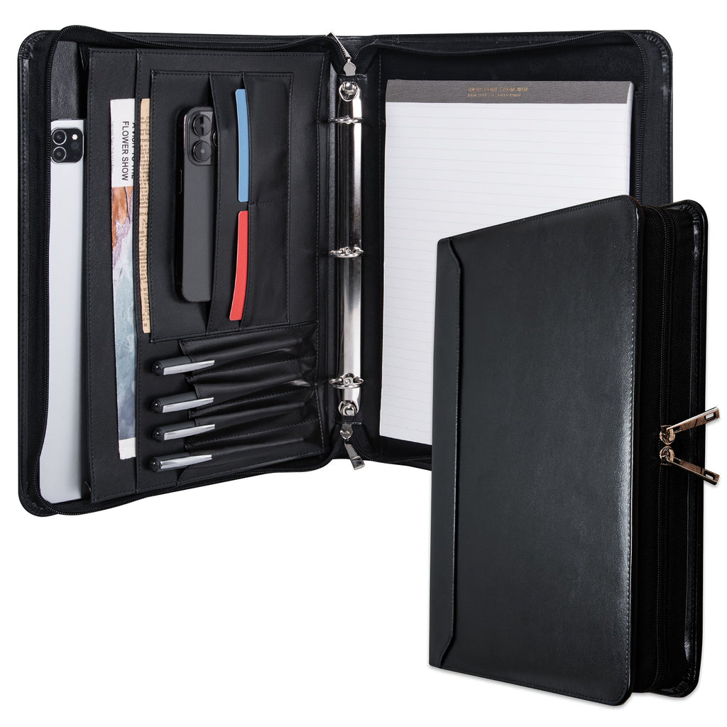 Vegan Leather Portfolio Binder 3-Ring Zipper with Laptop Pocket A4 Legal Work Organizer for Women Men Office School