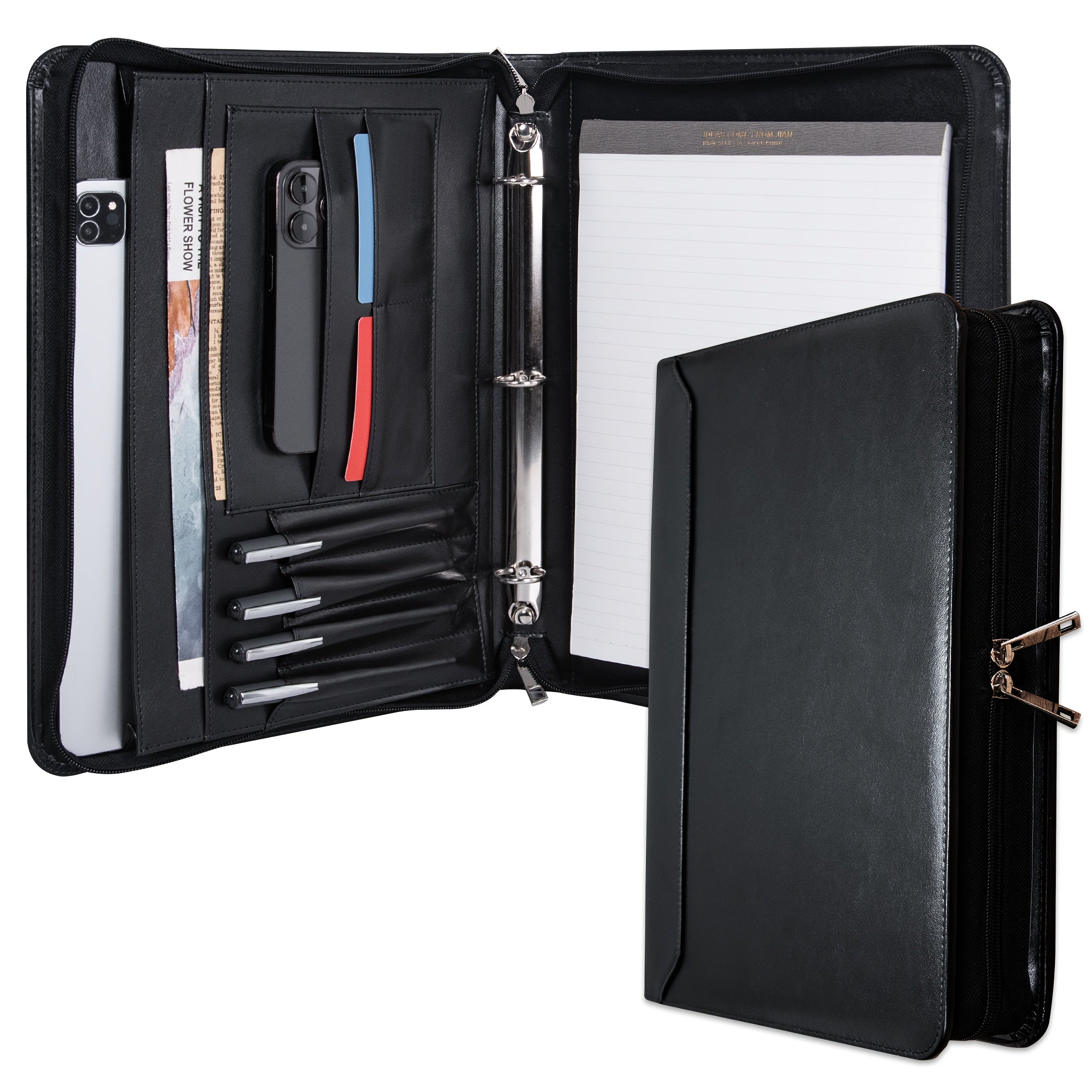 Vegan Leather Portfolio Binder 3-Ring Zipper with Laptop Pocket A4 Legal Work Organizer for Women Men Office School