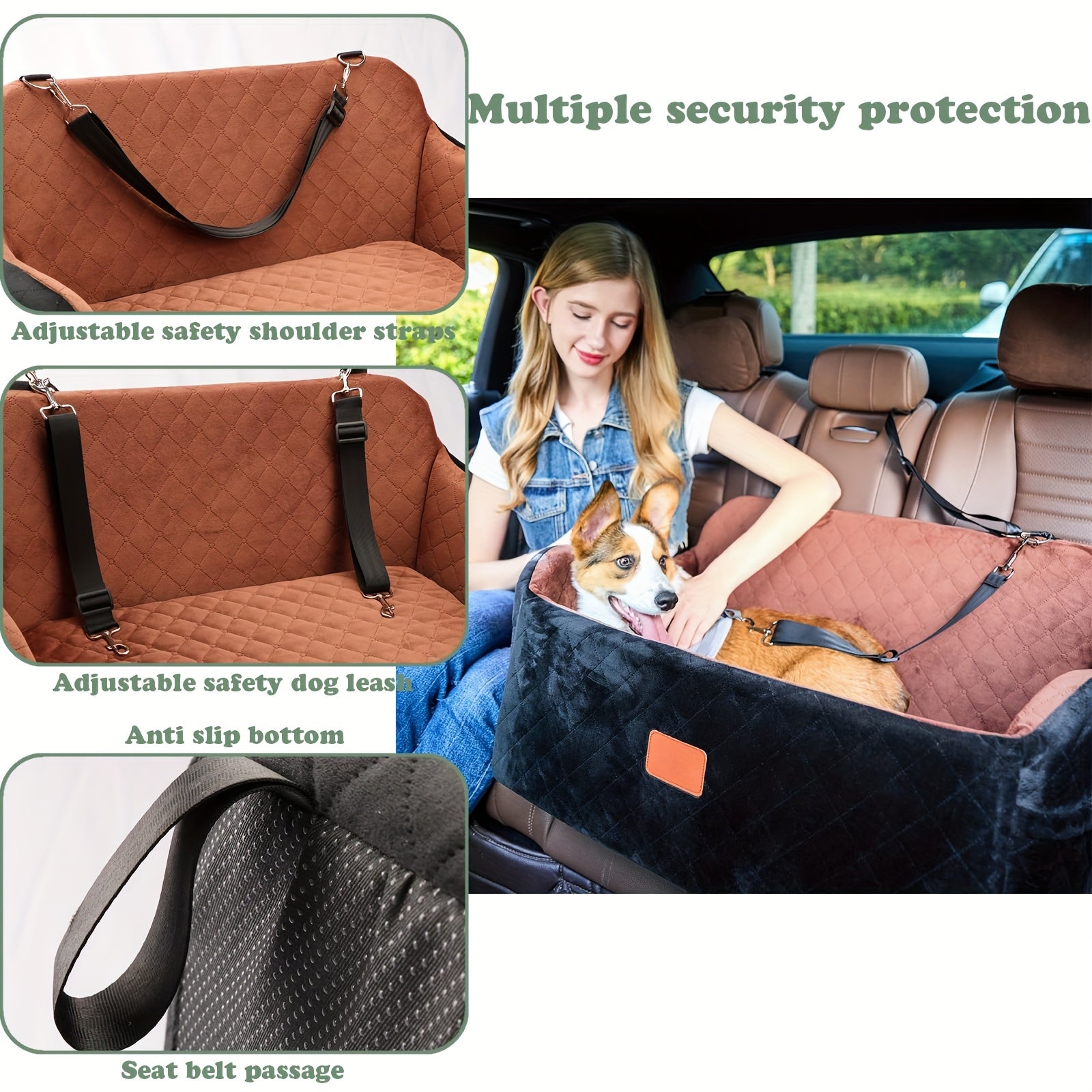 Dog Car Seat for Medium Large Dogs – Washable Memory Foam Pet Travel Car Bed with Seat Belt Pass-Through, Adjustable Straps & 3-Point Installation, Gray Black Brown All Black Black Gray