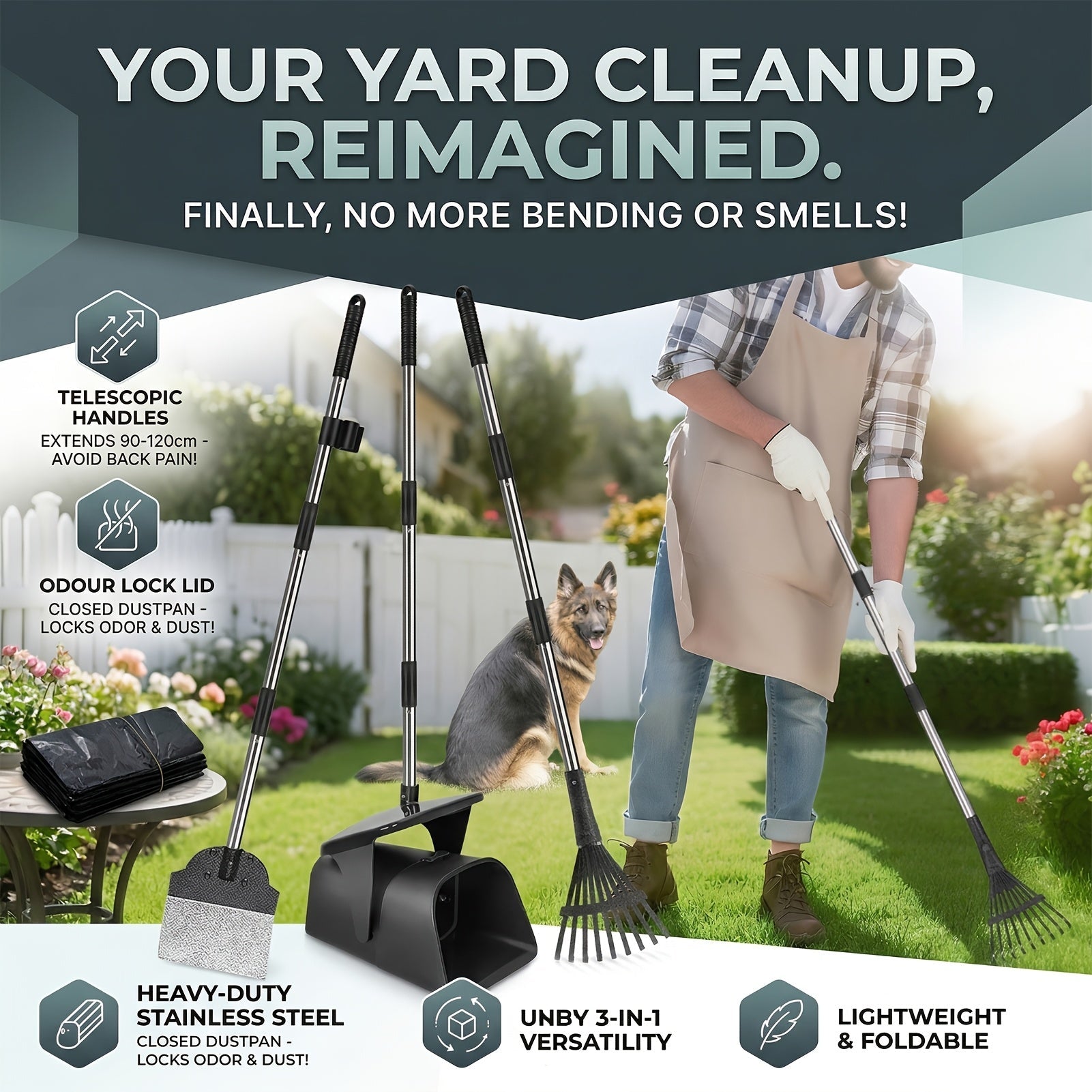 Heavy Duty Dog Pooper Scooper Set with Swivel Bin, Rake & Spade – Long Handle No-Bend Pet Waste Removal for Grass, Dirt & Gravel, 40 Waste Bags Included, Large Dogs