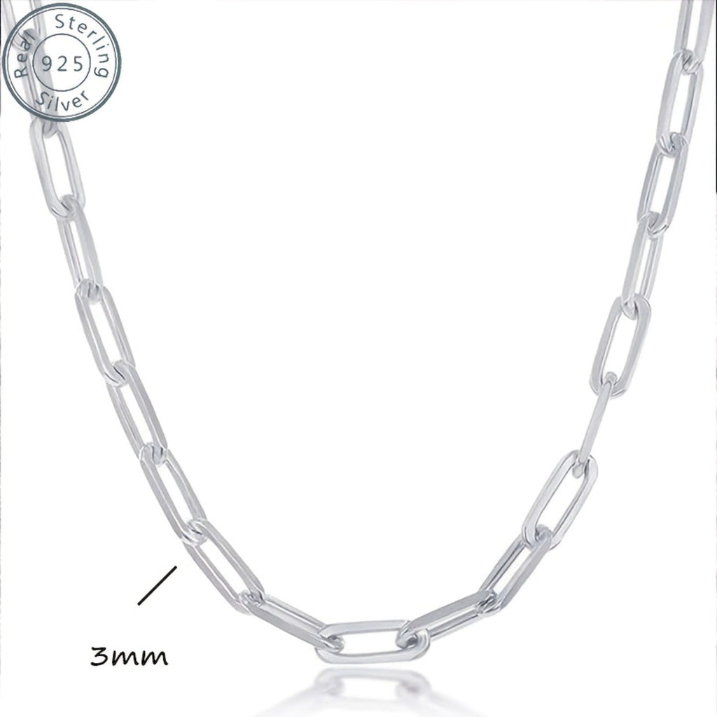 925 Sterling Silver Paperclip Chain Necklace for Women & Men – 3mm Thick Bohemian Style with Synthetic Stone, 20/22/24 Inch, Gift Box Included, Durable Everyday Jewelry for Daily Wear & Gifting