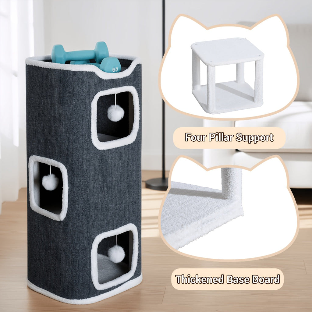 Multi-Level Foldable Cat Tree Tower for Indoor Cats Scratching Post Cozy Perch Cat Condo with Hanging Toy Ball & Hideaway – Soft Bed, 1/3/4 Tier Options, Light Gray Dark Blue Camel