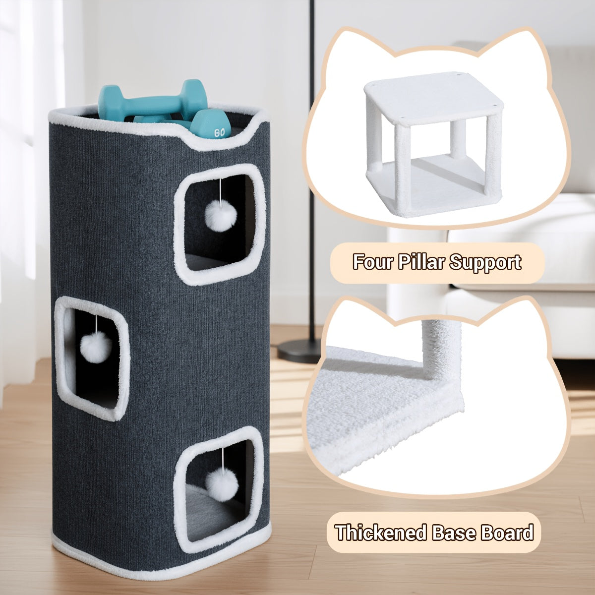 Multi-Level Foldable Cat Tree Tower for Indoor Cats Scratching Post Cozy Perch Cat Condo with Hanging Toy Ball & Hideaway – Soft Bed, 1/3/4 Tier Options, Light Gray Dark Blue Camel