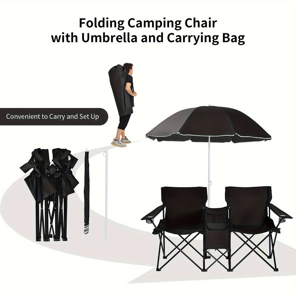2-Person Folding Beach Chair Set with 59" Umbrella, Cooler Bag & Side Table – 600 lb Capacity Portable Loveseat for Beach, Camping, Picnic & Tailgate, Compact Collapsible Outdoor Chair