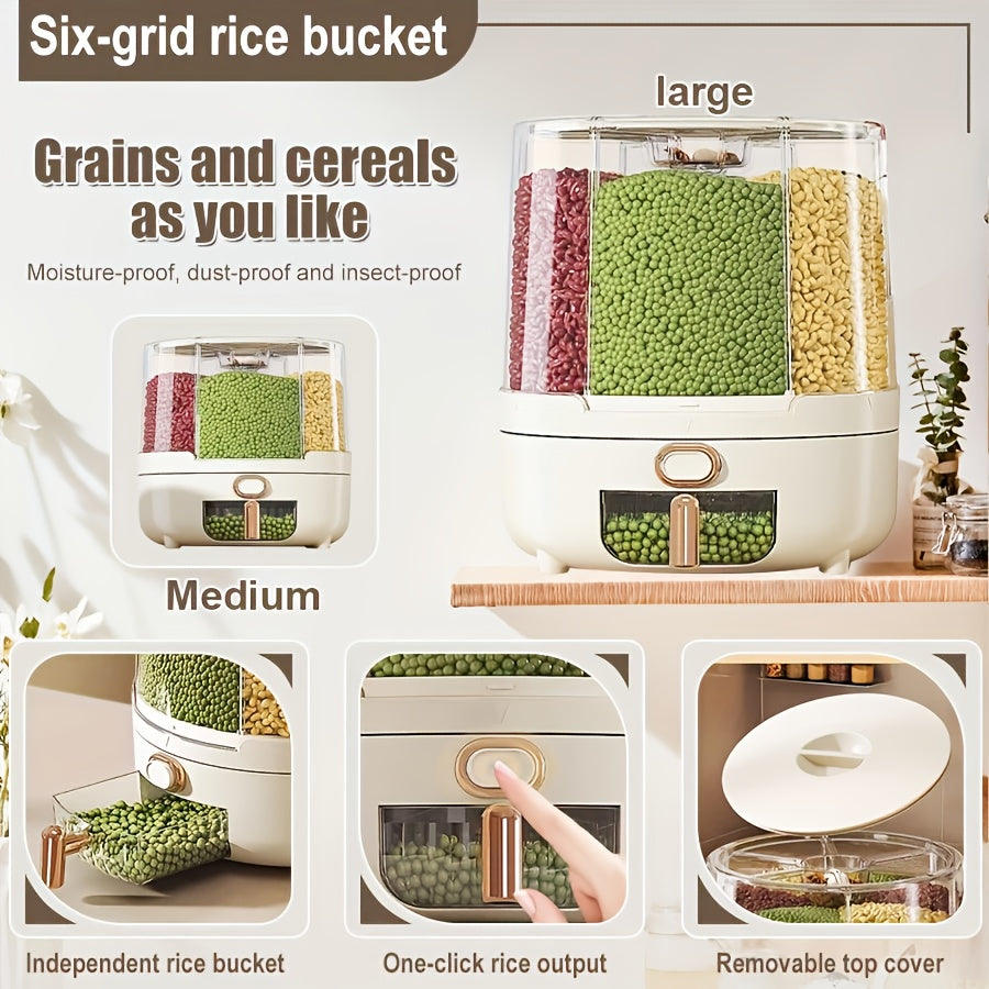Rotating Cereal Dispenser 6-Grid Large Capacity Airtight Rice Storage Container, Moisture-Proof Insect-Proof Grain Dispenser with Transparent Window & Press Button, Food-Grade PP for Rice Grains Flour