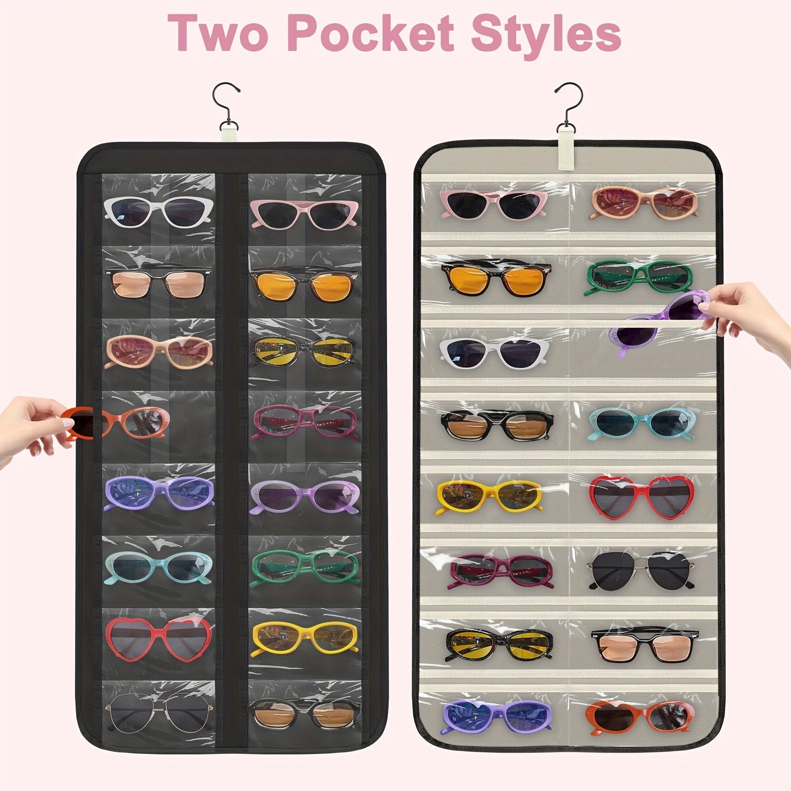 32-Slot Hanging Glasses Organizer – Double-Sided Wall Mount Sunglasses & Eyeglasses Holder with 360° Rotatable Hook, Dustproof Clear PVC Slots for Jewelry, Watches & Headbands, Travel Friendly