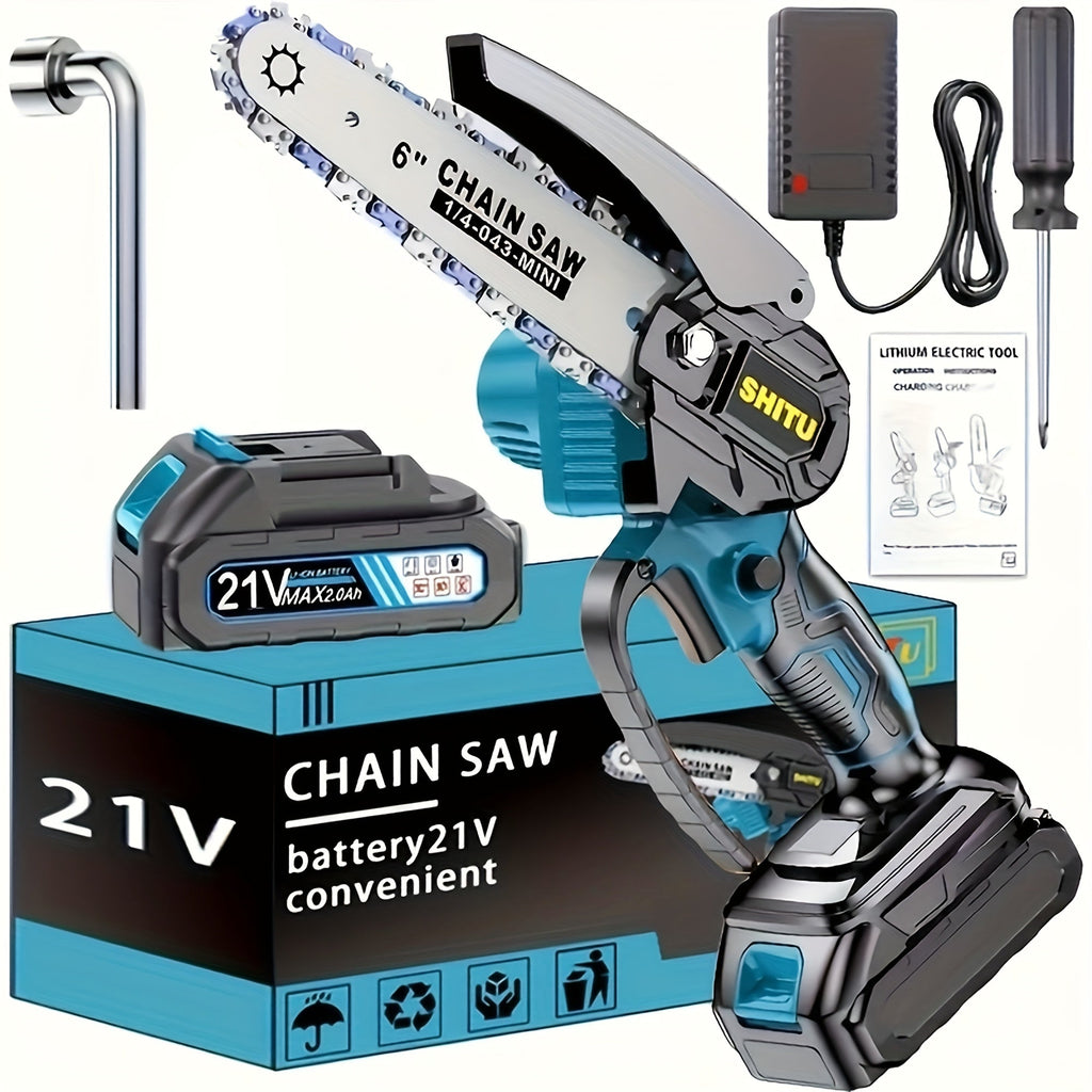 Mini Cordless Chainsaw Portable Handheld Electric Tree Cutter with Splash Guard Security Lock Rechargeable Battery for Garden Yard Branch Pruning