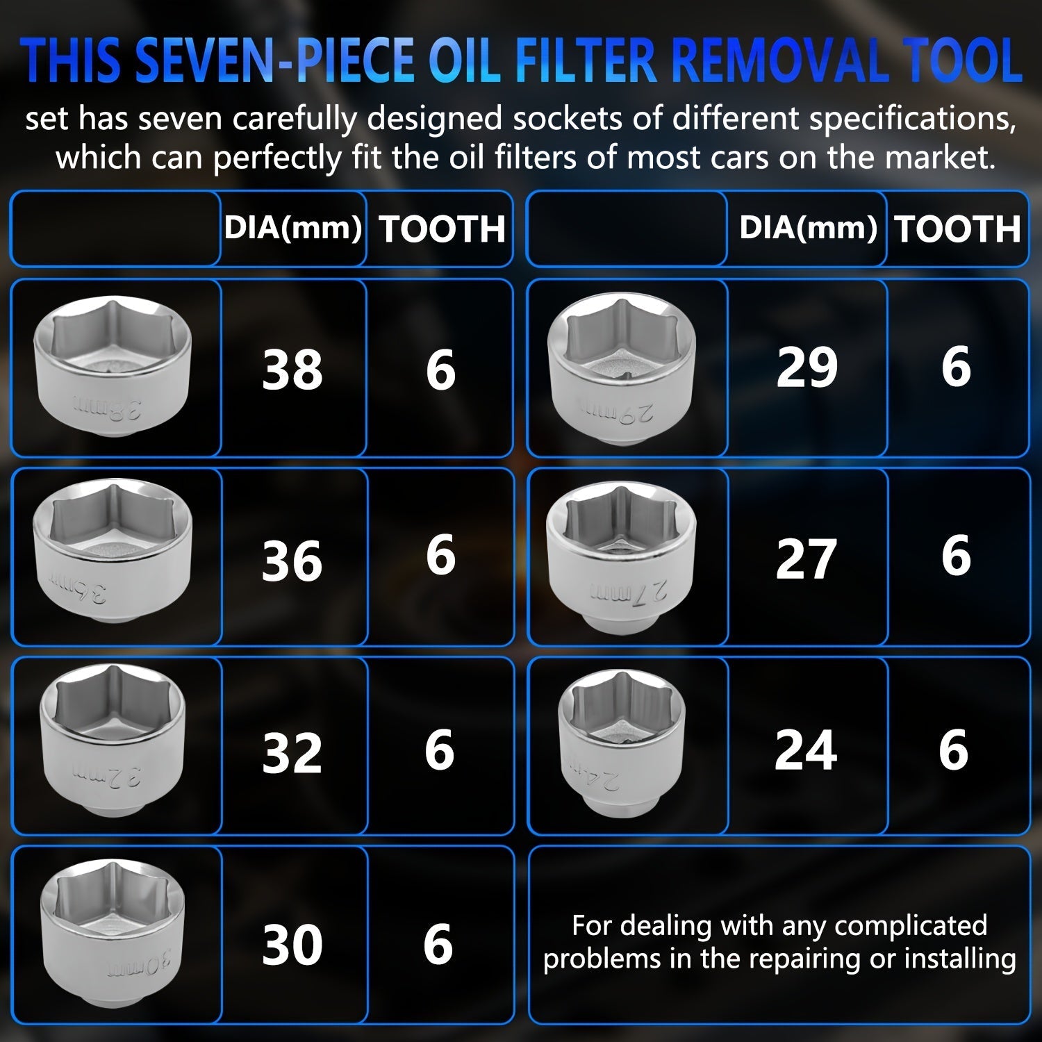 7 Piece Oil Filter Socket Wrench Set 3 8 Inch Drive CR-V Steel 24mm 27mm 29mm 30mm 32mm 36mm 38mm Universal Oil Filter Removal Tool Kit for DIY Car Oil Changes Mechanic Home Garage