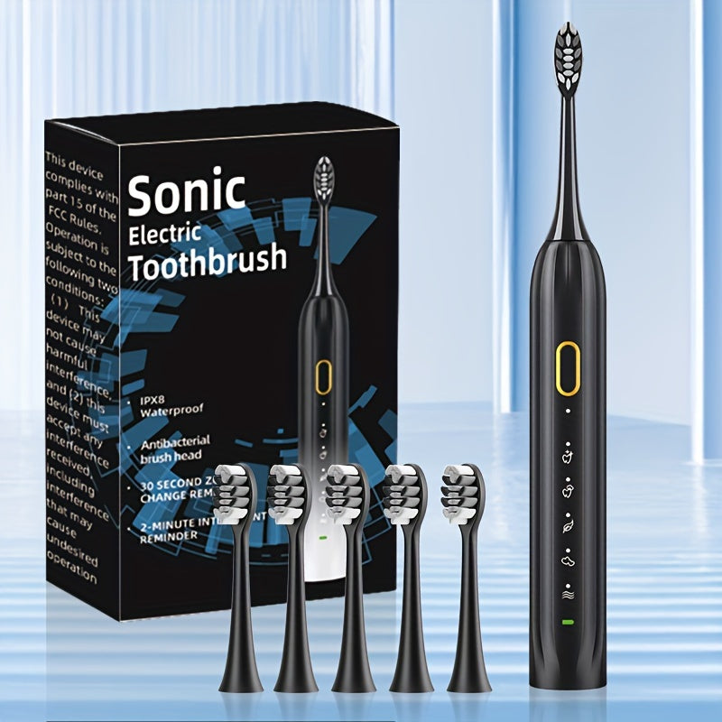 Sonic Electric Toothbrush IPX8 Waterproof USB Rechargeable 5 Replacement Brush Heads Smart 2-Minute Timer Metal Shaft Adults Men Women Couple Oral Care Black Pink Green