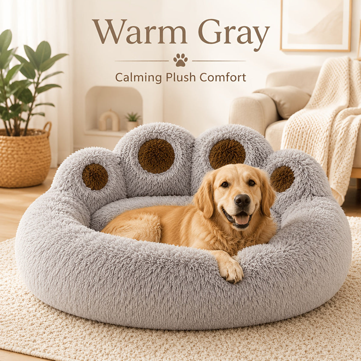 Bear Paw Plush Round Pet Bed for Dogs & Cats Soft Calming Non-Slip Cozy Puppy Bed – Small Medium Large, 20/24/28/36 Inch, Coffee Pink Gray