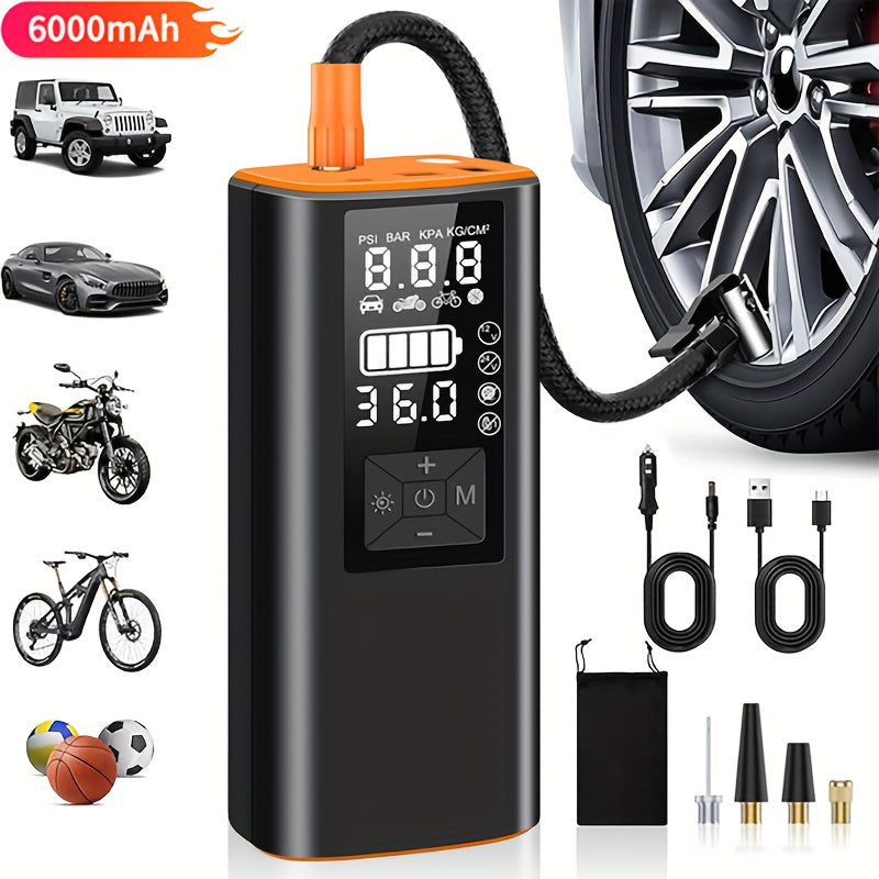 Portable Tire Inflator 150 PSI Wireless Air Compressor 6000mAh Battery 12V Cord Digital Gauge Auto Shut-Off LED Light 4 Preset Modes for Car Motorcycle Bike Ball Road Trip