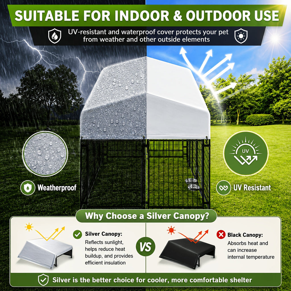 Large Dog Enclosure Outdoor Heavy Duty Welded Wire Steel Dog Playpen with UV-Resistant Roof Cover Secure Lock Pet Pen for Big Dogs Exercise Play Area Backyard Patio 3 Sizes